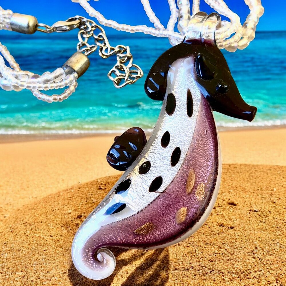 Seahorse Art Glass Pendant with Multi-strand Beaded Necklace Beach Sea - Picture 3 of 12